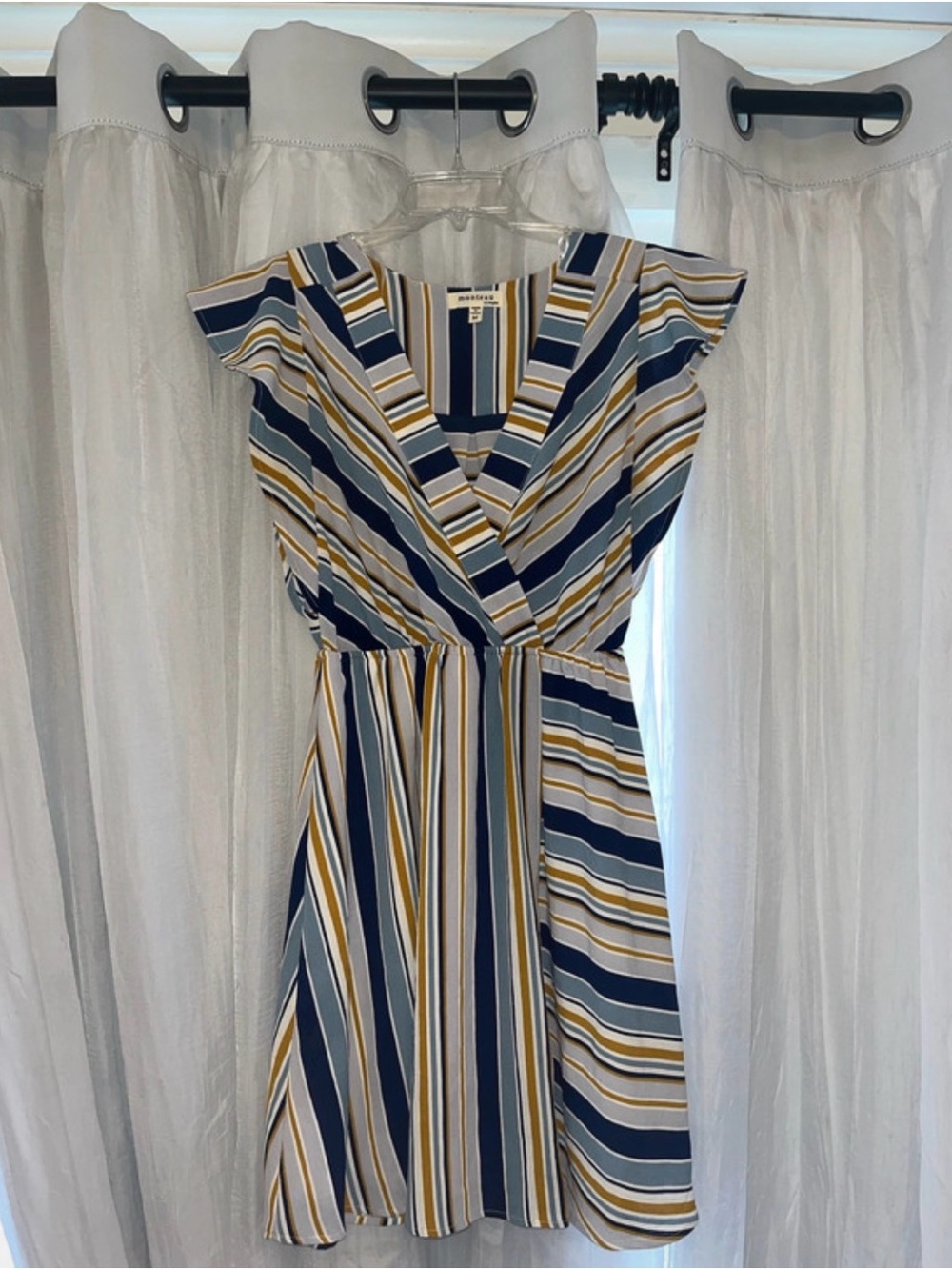 Monteau Navy, Mustard and Cream Striped Wrap Dress - Picture 1 of 3